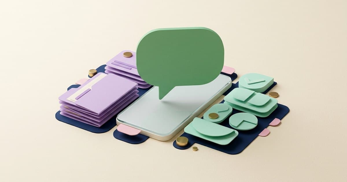 A green messaging bubble on a phone coordinating files and completed tasks.