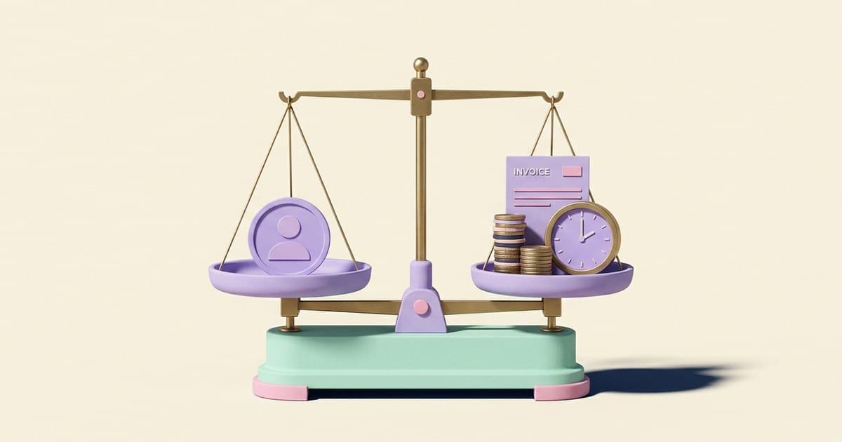 A balance weighing an AI employee token against coins, an invoice and a clock.